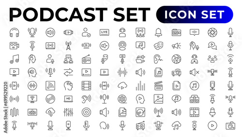 Podcast icon collection. Containing audio, microphone, record, podcasting, broadcasting.Outline icon collection.