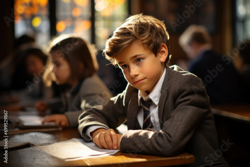 Happy Caucasian schoolboy sitting at desk at school before class