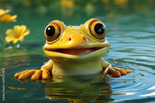 Smiling Rubber Frog Toy, on an isolated Lily Pad Green background, Generative AI photo