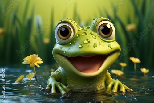 Smiling Rubber Frog Toy  on an isolated Lily Pad Green background  Generative AI