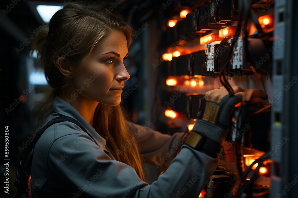 Fototapeta premium Skilled electrician woman guiding an apprentice through the installation of an electrical switchboard, passing on knowledge and experience, Generative AI