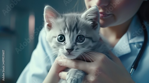 Expert Veterinarian Examining Cute Domestic Kitten in Indoor Hospital