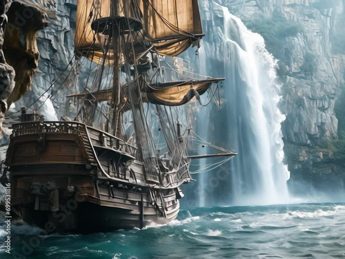 Medieval pirate ship galley near a waterfall photo