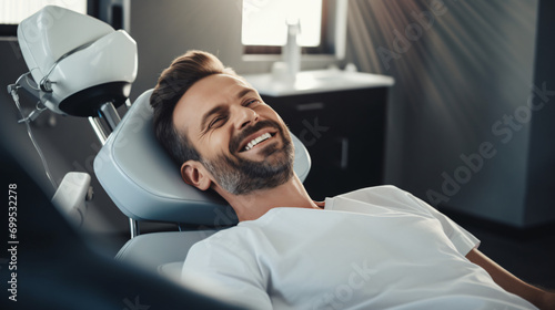 Handsome Man Receiving Dental Care in Clinic, Orthodontic Chair View