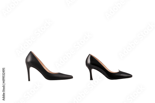Black leather female pointy toe pump shoes isolated on light beige background