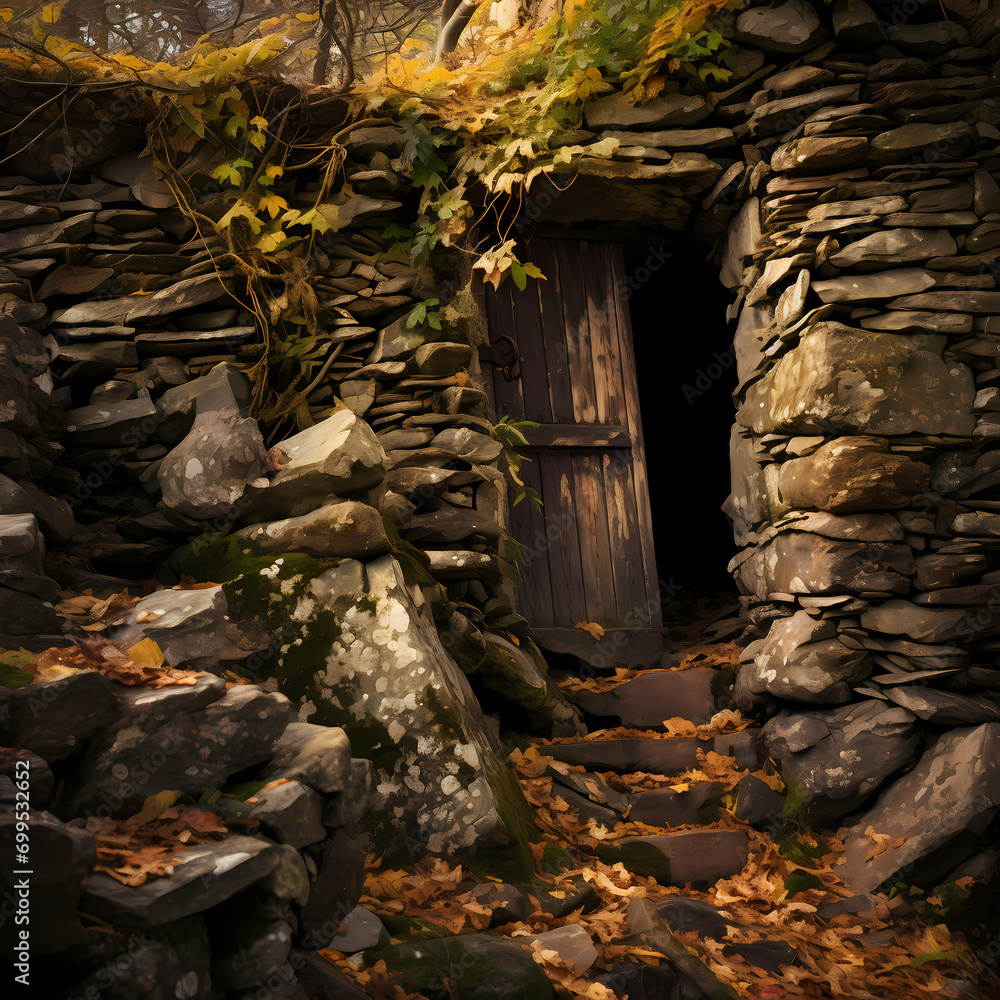 A mysterious door in an ancient stone wall.