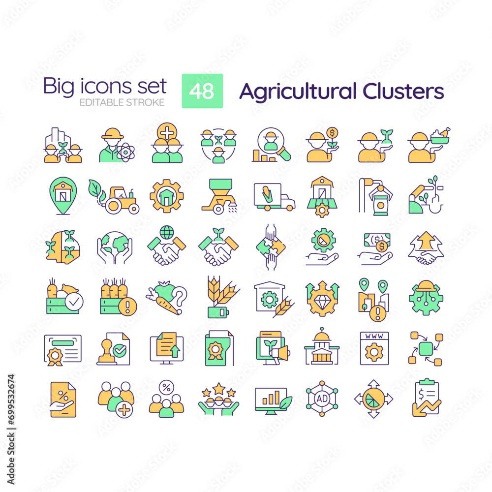 2D editable multicolor big thin line icons set representing agricultural clusters, isolated simple vector, linear illustration. 2D editable multicolor big thin line icons set representing agricultural clusters, isolated simple vector, linear illustration.