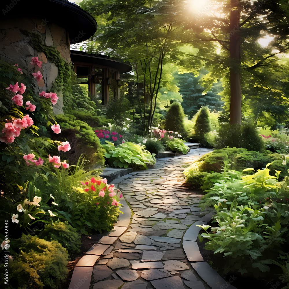 A peaceful garden with a stone pathway.