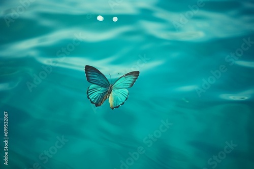 A turquoise butterfly floating above the ocean. Generative AI