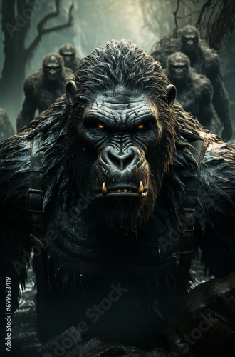 gorilla group in the jungle, featuring its upper muscular body