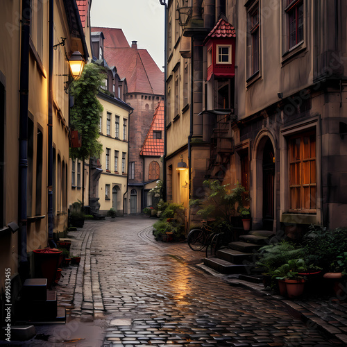 A quiet alleyway in a historic European city. © Cao