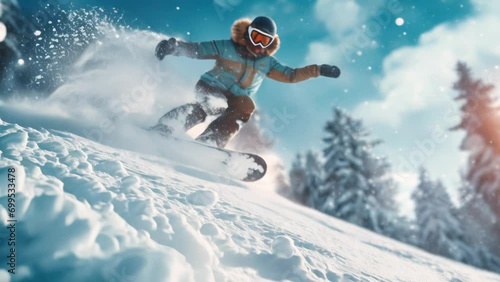 Snowboarding in the mountain slow motion extreme sport advertisement animation photo