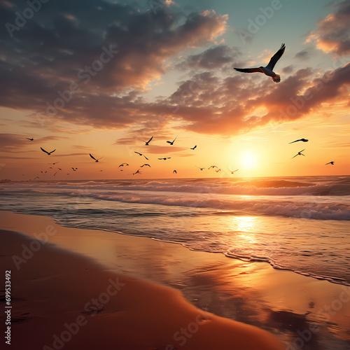 A quiet beach at sunrise with seagulls in the sky.