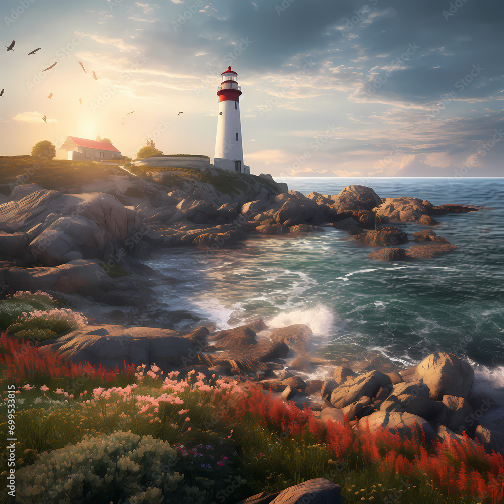 A quiet lighthouse overlooking a rocky coastline.