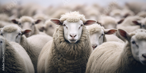 A herd of sheep standing next to each other Sheep within a mob turn to check out the photographer Flock of sheep staring in the same direction Ai Generative photo