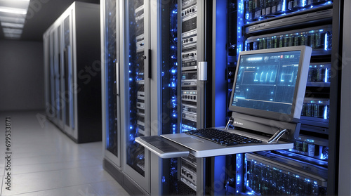 Rackmount LED console in server room data center - 3d illustration