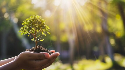 ESG is a framework that helps stakeholders understand how an organization is managing risks and opportunities related to environmental Hand holding earth on green grass on sunlight Energy saving conc