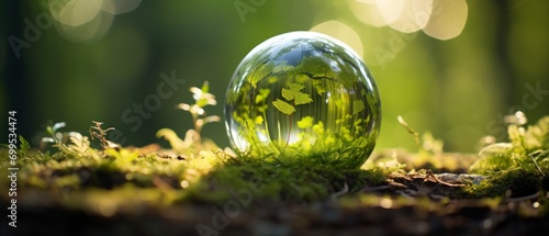 Green Globe In Forest With Moss And Defocused Abstract Sunlight Concept of earth protection day or environmental protection hands to protect the growing forest