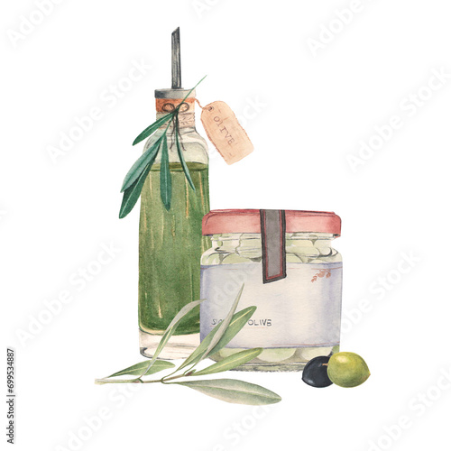 Composition with bottle of olive oil and jar of green olives