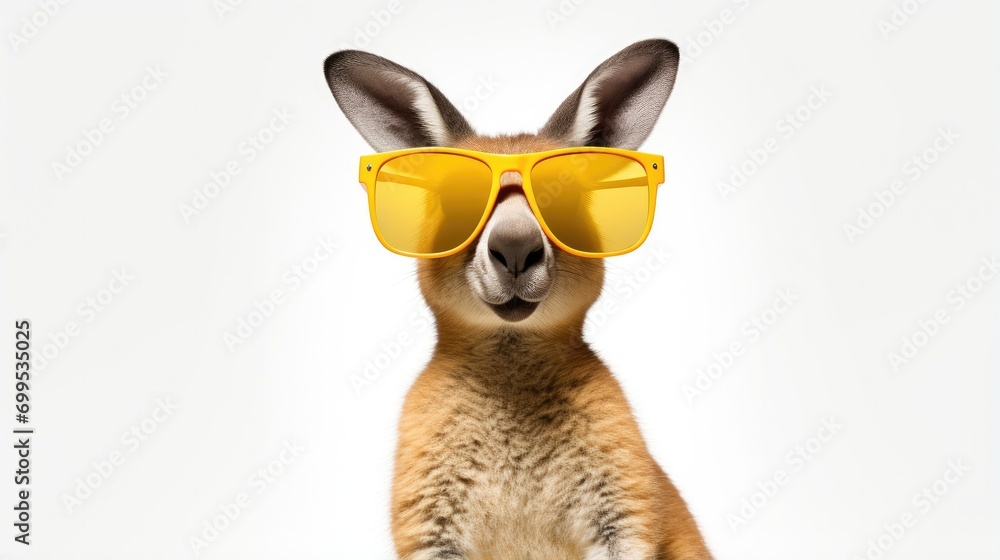 A cute kangaroo with sunglasses on a white background