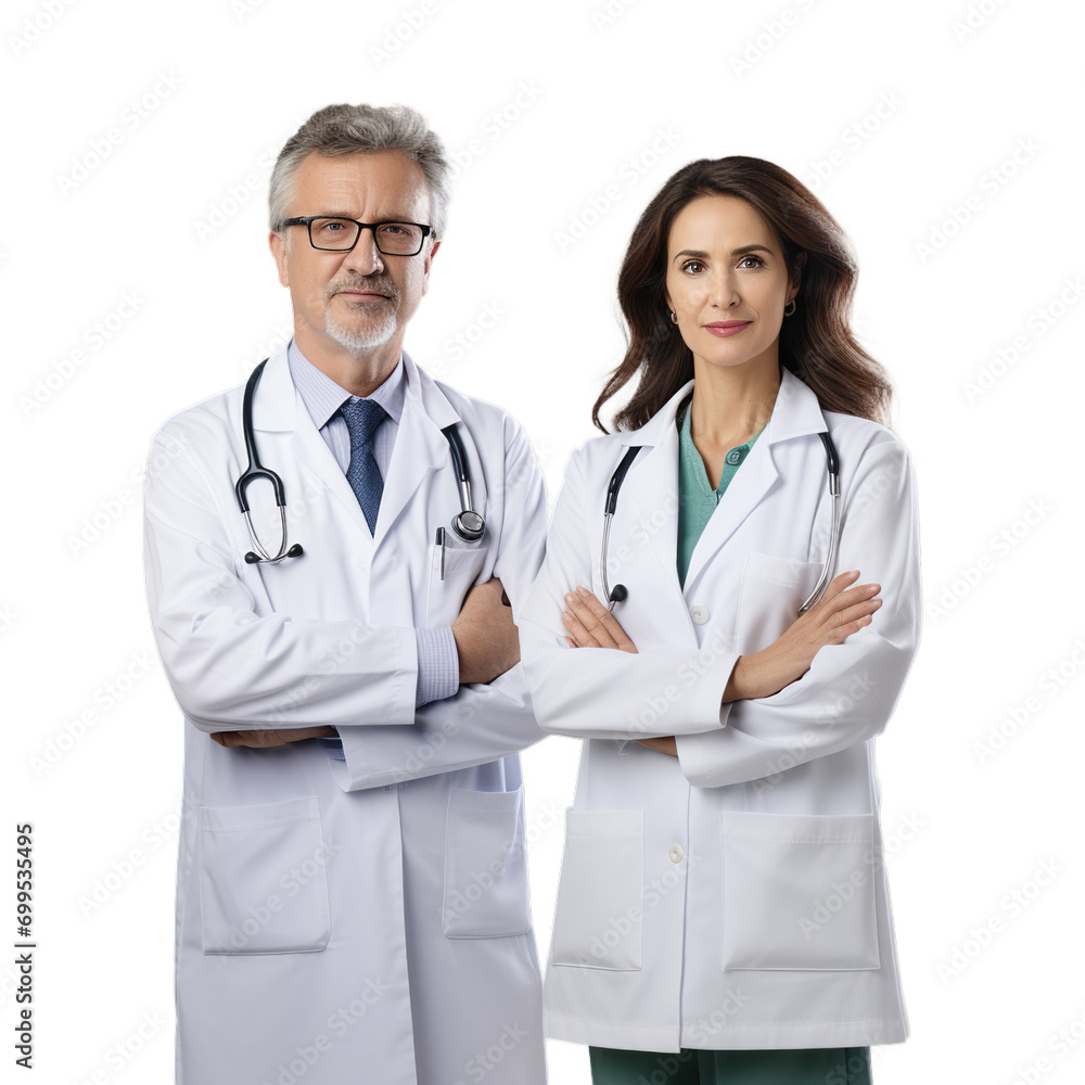 Two senior doctors in white coat and stethoscope standing with crossed arms and looks at camera Two senior doctors in white coat and stethoscope standing with crossed arms and looks at camera