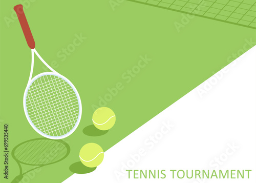 Green tennis court with a tennis ball, racket. Shade of tennis net. Perspective of a tennis equipment. Place for text. Horizontal composition. © designisfine