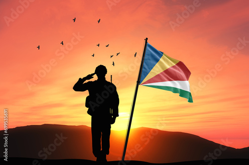 Silhouette of a soldier with the Seychelles flag stands against the background of a sunset or sunrise. Concept of national holidays. Commemoration Day.
