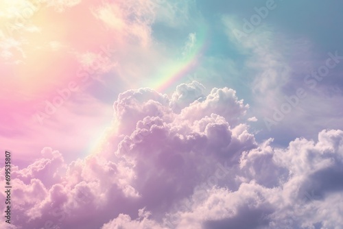 Pastel Sky: Dreamy Cloudscape Background with Sun and Rainbow Gradient