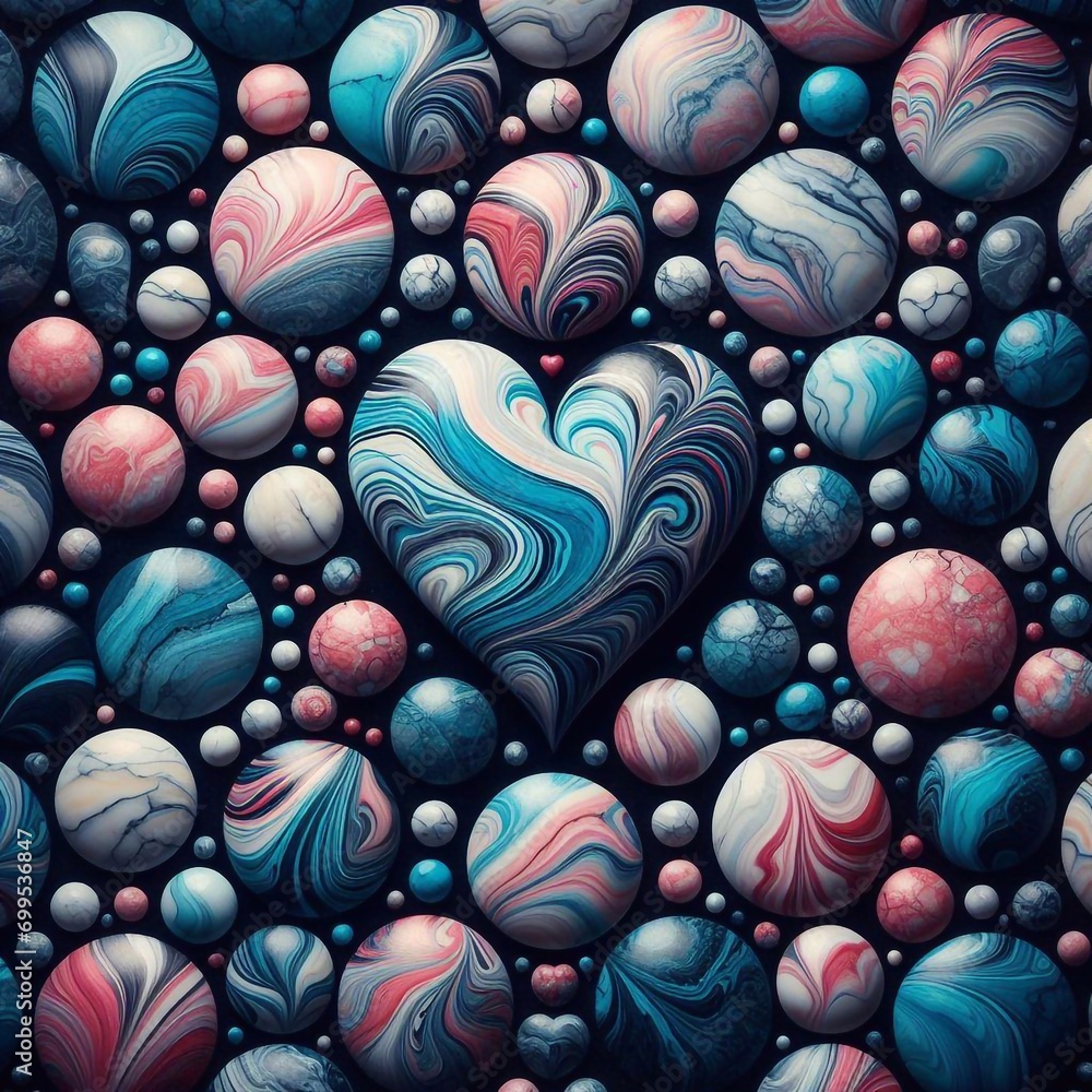 Fototapeta premium Heart shape of colorful marble stones in a dark black background. AI generated illustration