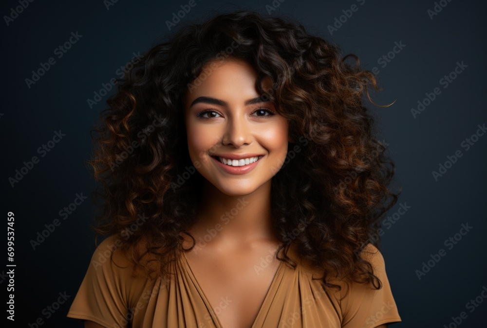 Cheerful young woman with long curly hair in a studio portrait Cheerful young woman with long curly hair in a studio portrait