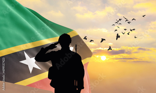 Silhouette of a soldier with the Saint Kitts and Nevis flag stands against the background of a sunset or sunrise. Concept of national holidays. Commemoration Day.