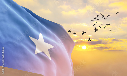 Waving flag of Somalia against the background of a sunset or sunrise. Somalia flag for Independence Day. The symbol of the state on wavy fabric.