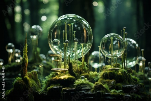 Enchanted Forest Waves and Floating Crystal Spheres, on an isolated Mossy Green background, Generative AI