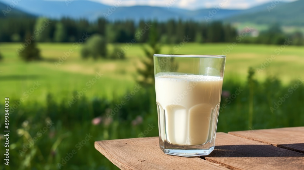 Glass of milk on a background of green meadow Glass of milk on a background of green meadow