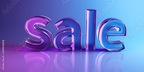 SALE. Transparent blue and purple typography 3D render. Neon lights moving.
