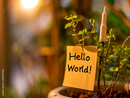 Sticky note with the words 'hello world!' - concept image of a software beginner entering the field of software engineering