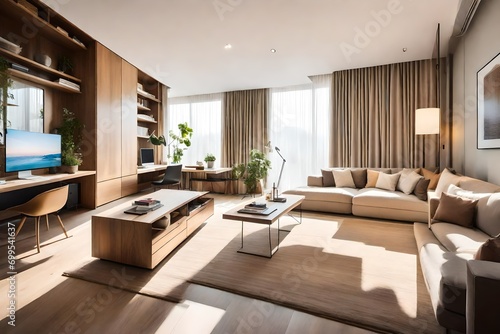 open space apartment interior bathed in natural light. Emphasize the warmth and comfort of the setting