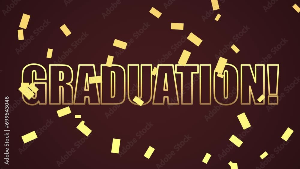 Animated „Graduation!“ text appearing in gold on screen. Golden ...