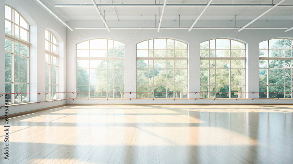 Fototapeta premium Panoramic empty gym with windows