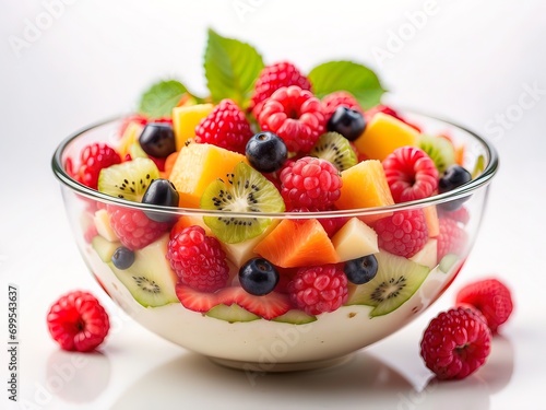 Healthy fresh fruit salad in a bowl on a white background