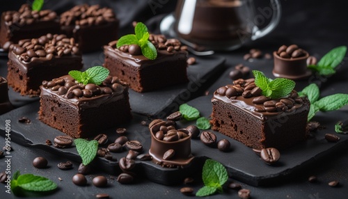 Chocolate cakes on black slatter board with mint, coffee beans on dark background, closeup photo. Fresh, tasty dessert food concept. photo