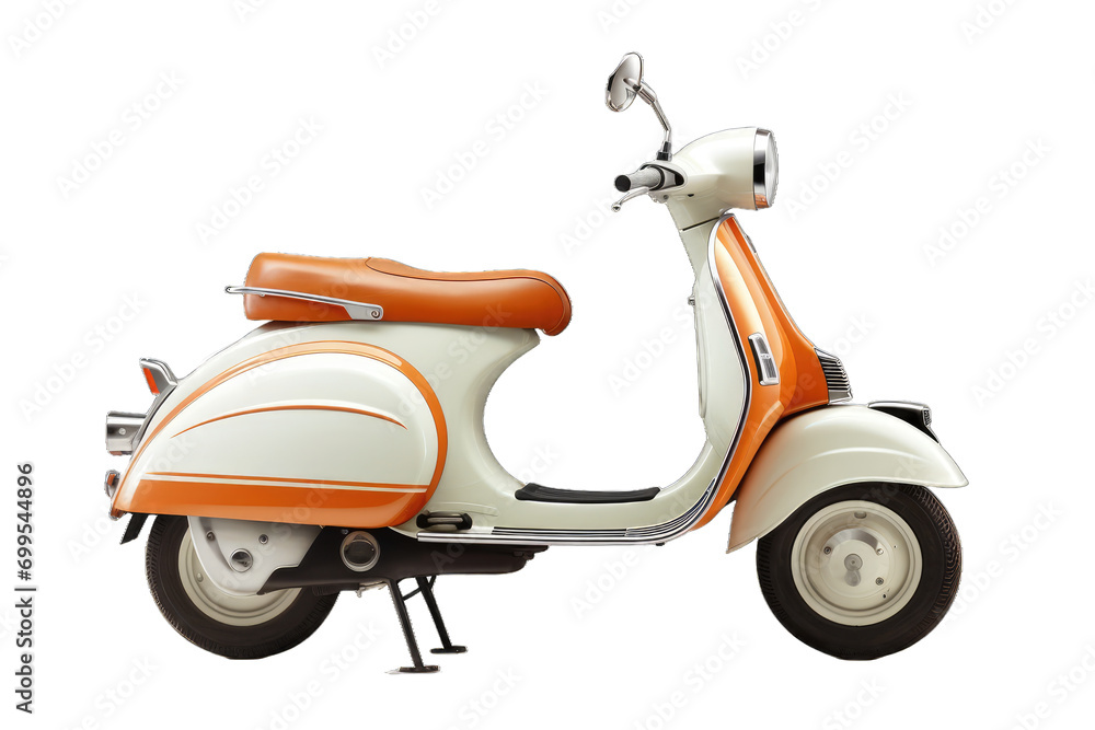 The scooter is equipped with round mirrors attached to the handlebars and a round headlight at the front The scooter is equipped with round mirrors attached to the handlebars and a round headlight at the front
