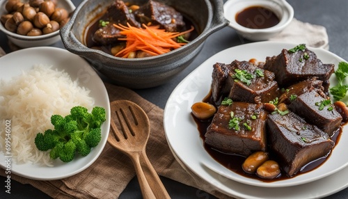 galbijjim, Korean Braised Short Ribs : Beef short ribs, trimmed of fat, seasoned in sweet soy sauce photo