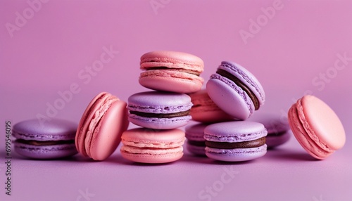Tasty violet french macarons on a pink pastel background. Place for text. photo