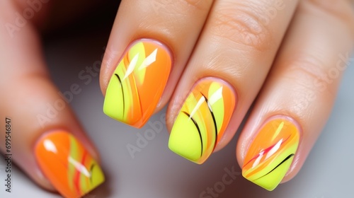 Bright neon manicure on female hands with accessories. Nail design. photo