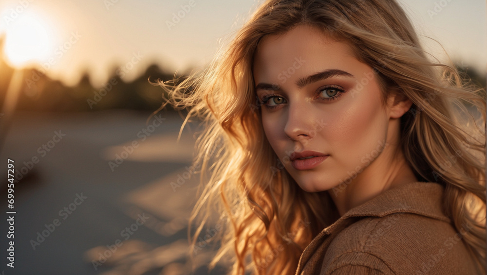 Portrait of a beautiful young french woman at sunset 