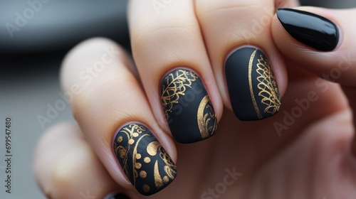 Matte black manicure with accent gold pattern
