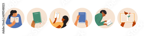 Vector illustration of diversity people read book. Set of avatar with human hands holding open or closed books. Diary, notebook icon, book club sticker. Literacy day, back to school, leisure reading