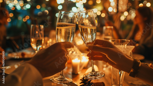 Champagne cheers at a romantic Valentine's Day restaurant date photo