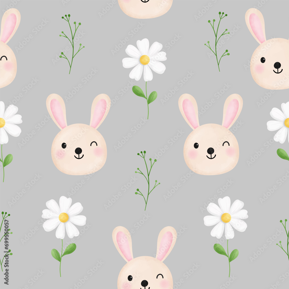 Seamless pattern with cute rabbit, daisy flower for your fabric, children textile, nursery decoration, gift wrap paper, kids bedding.